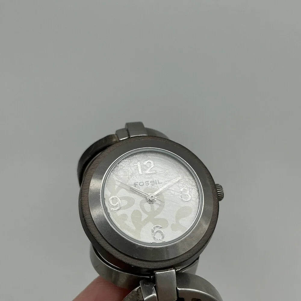 Fossil Women Watch 26mm White Dial Wood Stainless Band ES-2051 New Battery 6.25